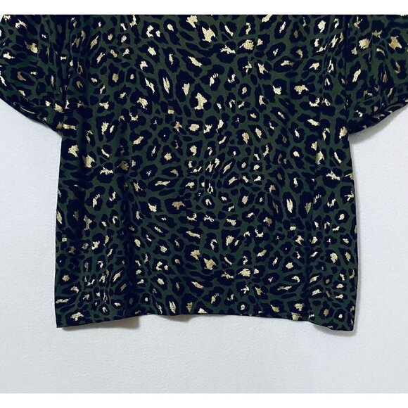 Chicos 2 Womens Large Olive Green Cheetah Print Top Cuffed Sleeve Gold Foil Boho - Picture 2 of 9